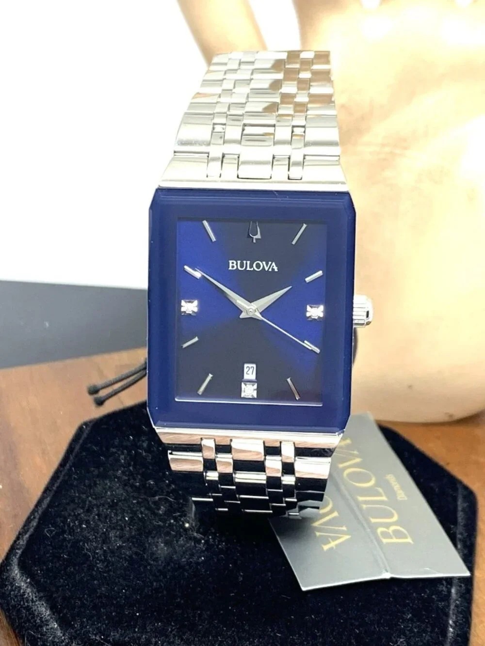 Bulova Men's Watch 96D139 Blue Dial Diamond Accent Rectangle Date Silver Steel
